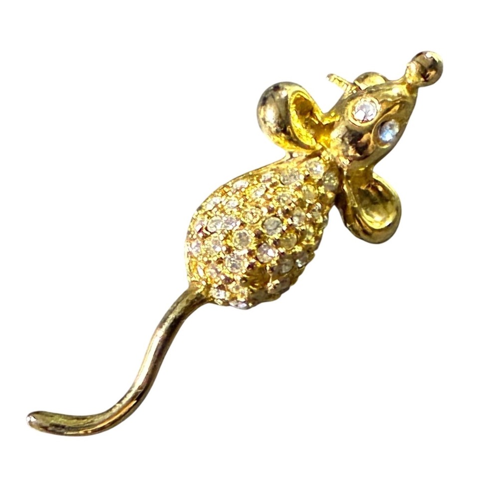 Gold Tone Mouse Brooch Pin Rhinestone Eyes Tail Earring Detail Cute Animal Charm